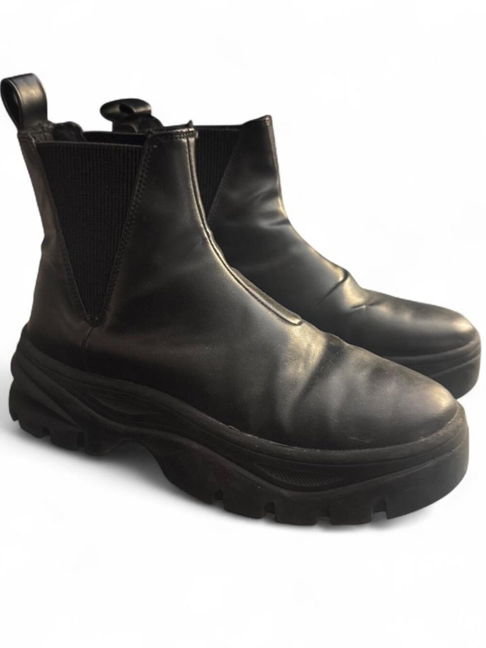 Divided Chunky Platform Black Leather Boots Size 5.5